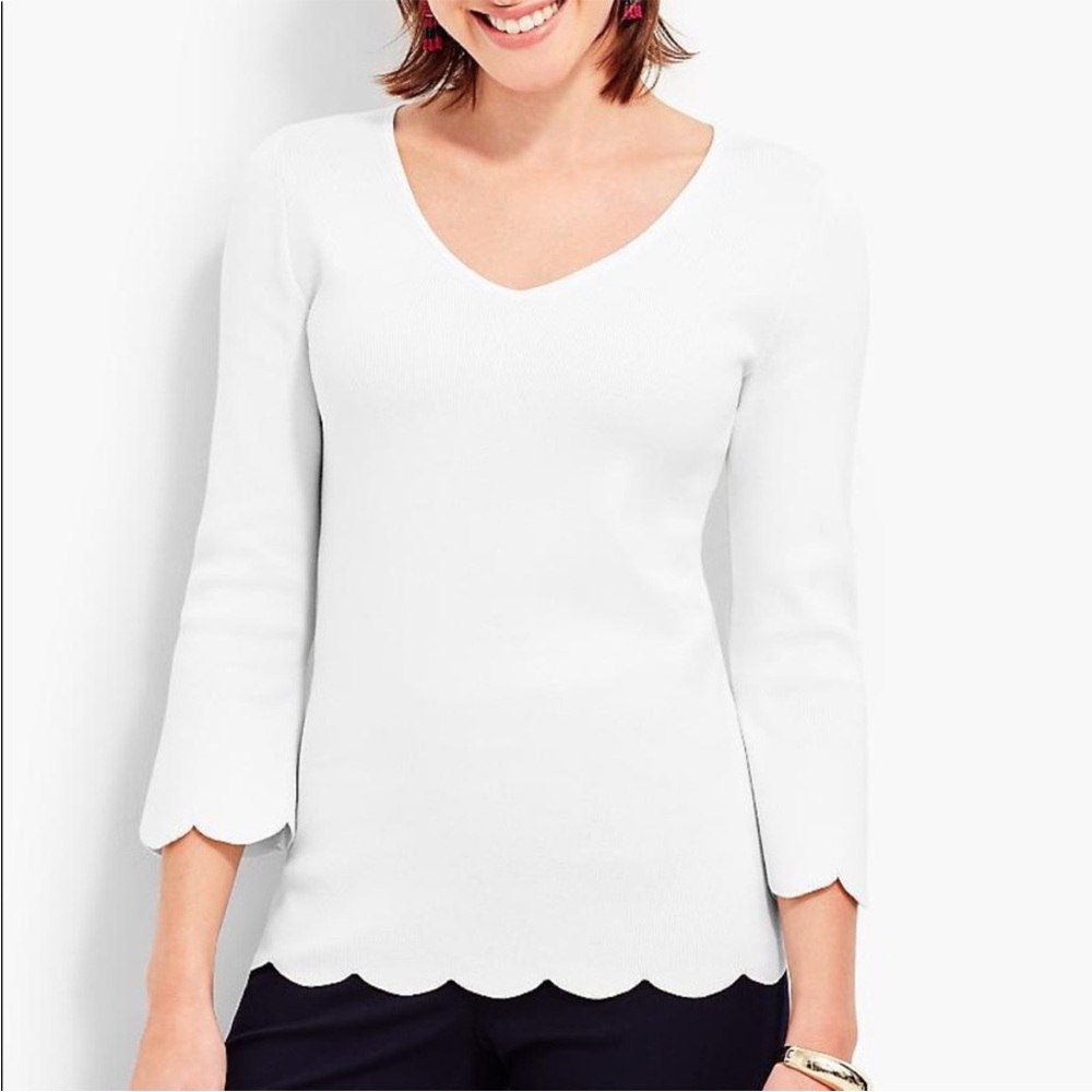 Talbots Women’s White Bell Sleeve V-Neck Sweater with Scalloped Hem